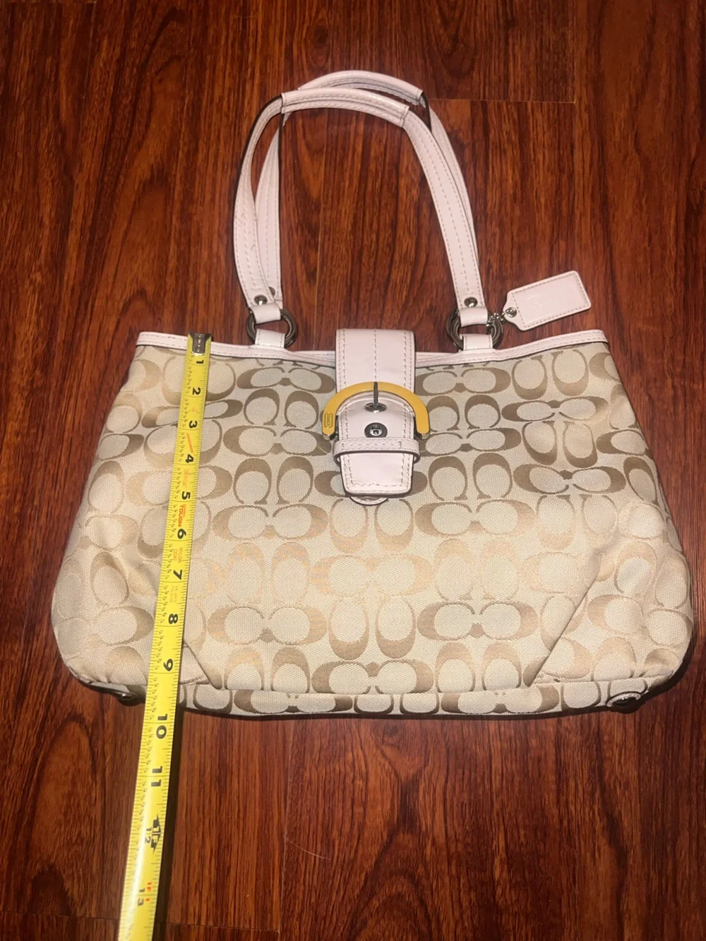 Coach Beige Signature Tote with Pale Pink Trim and Yellow Buckle